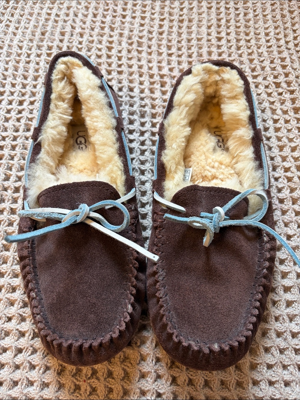 UGG Chocolate Brown Suede Moccasin Slippers with Shearling